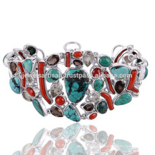 Latest Design Tibetan Turquoise And Multi Gemstone 925 Sterling Silver Bracelet
